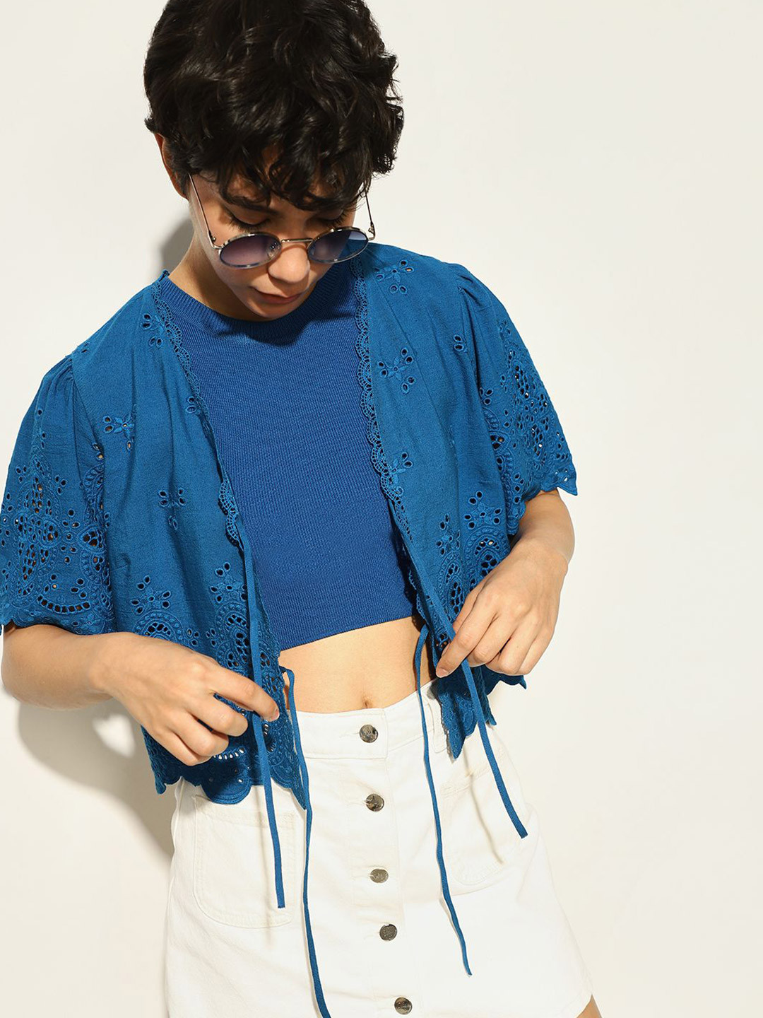 

ONLY Embroidered Flared Sleeve Cotton Schiffli Blouson Crop Top, Blue