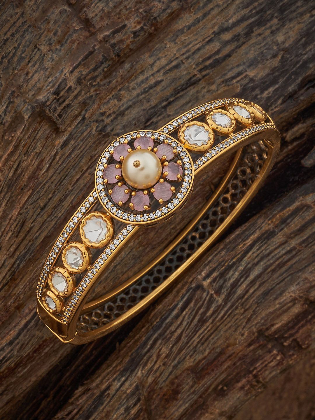 

Kushal's Fashion Jewellery Women Pink Victorian-Plated Kundan Kada Bangle, Gold