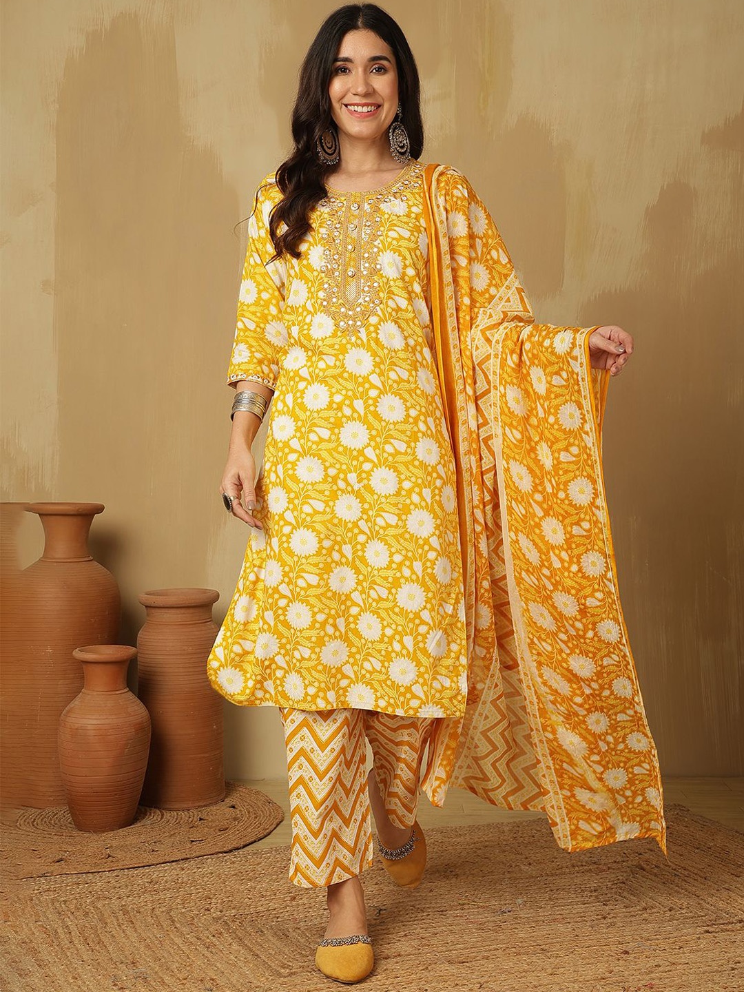 

Sangria Printed Embroidered Pure Cotton Kurta With Trouser & Dupatta, Mustard