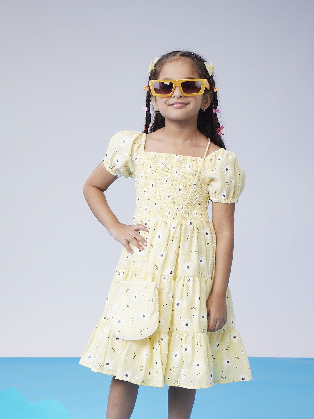 

MASTARANG Girls Floral Print Puff Sleeve Tiered Fit & Flare Dress, Yellow