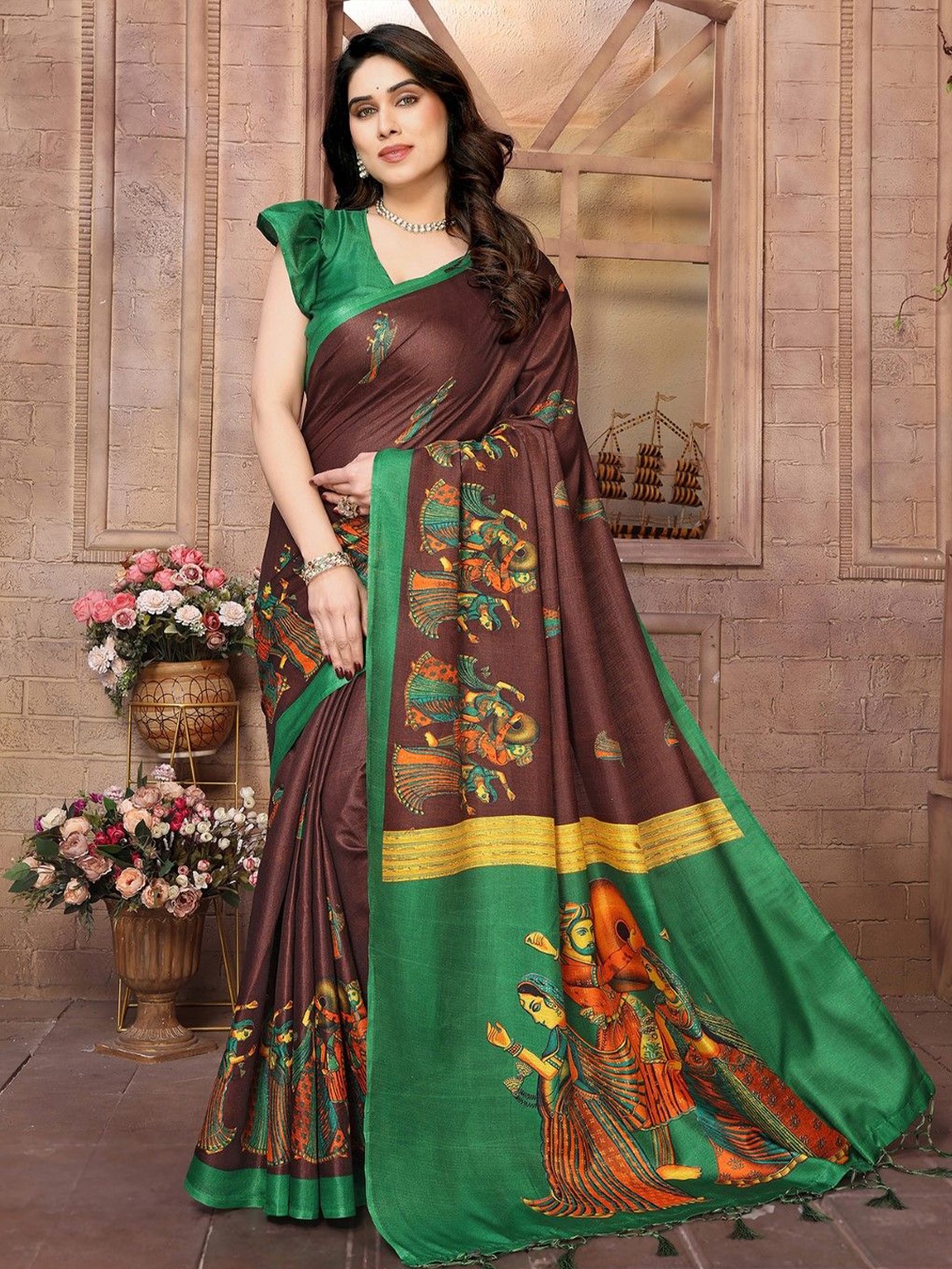 

KALINI Ethnic Motifs Printed Saree, Brown