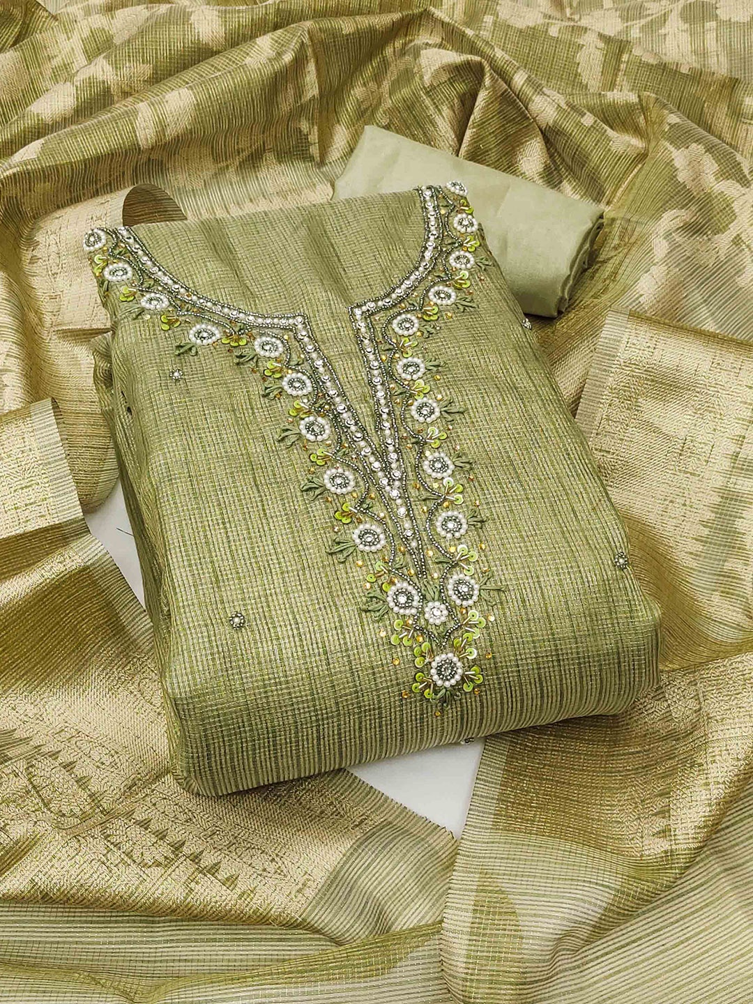 

KALINI Embellished Organza Unstitched Dress Material, Green