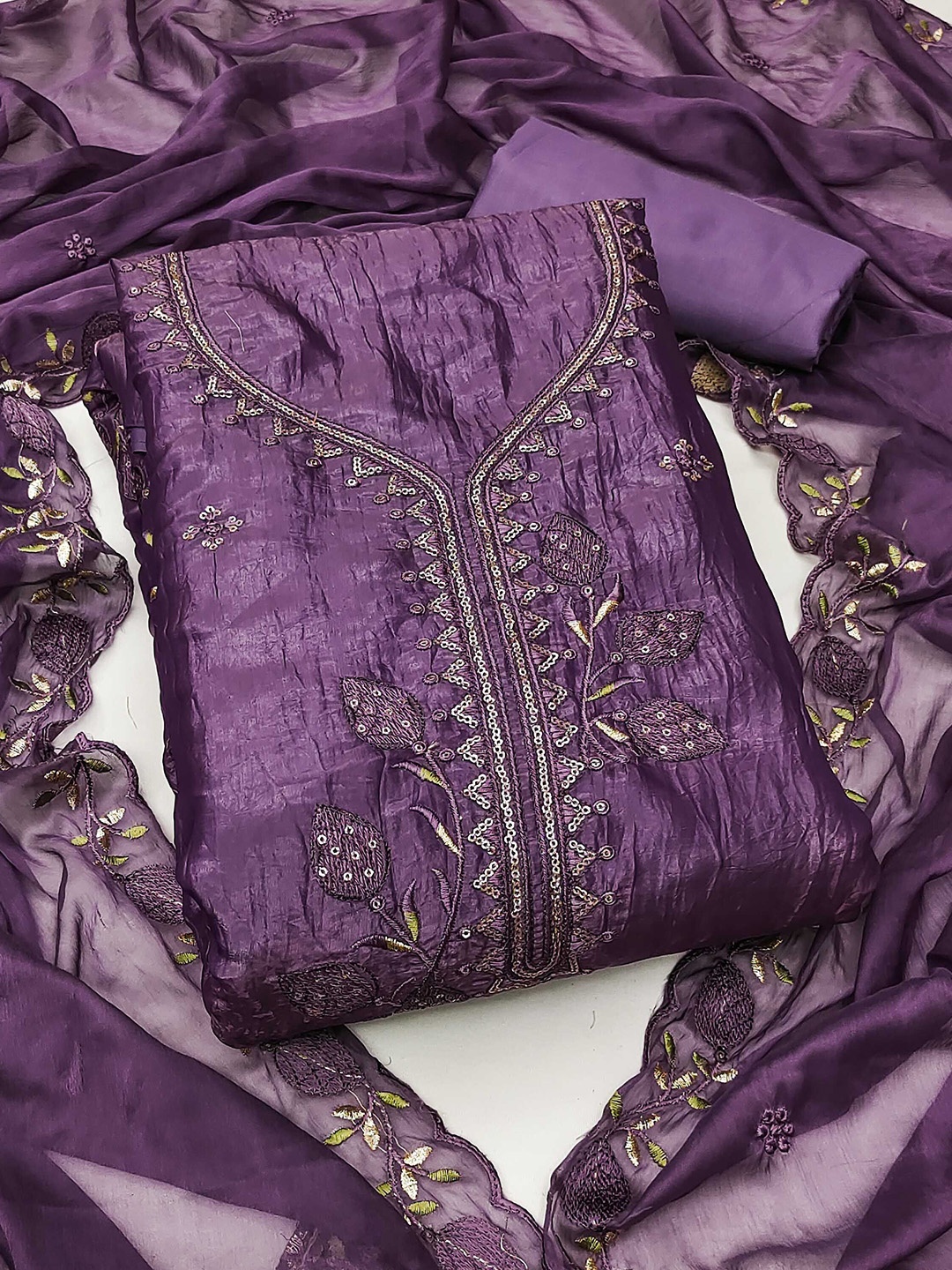 

KALINI Embroidered Pure Silk Unstitched Dress Material, Purple
