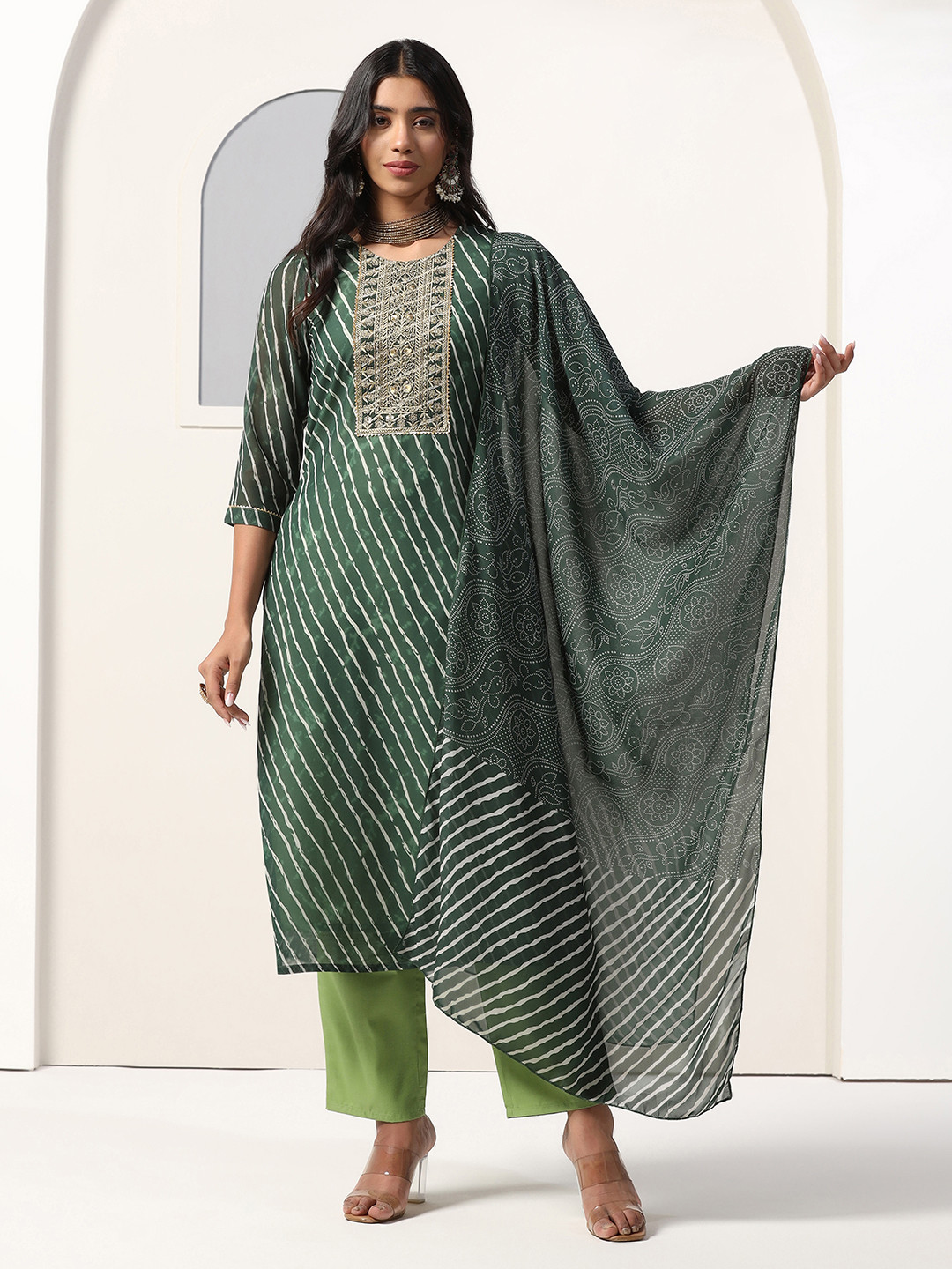 

Moda Rapido Green Leheriya Printed Georgette Straight Kurta With Trousers And Dupatta