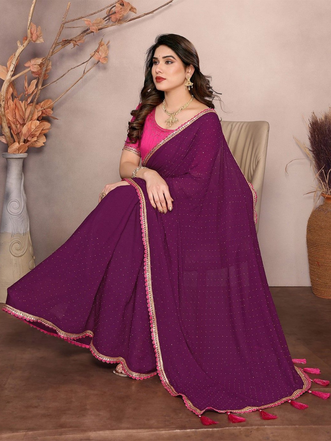 

KALINI Embellished Beads and Stones Poly Georgette Saree, Purple