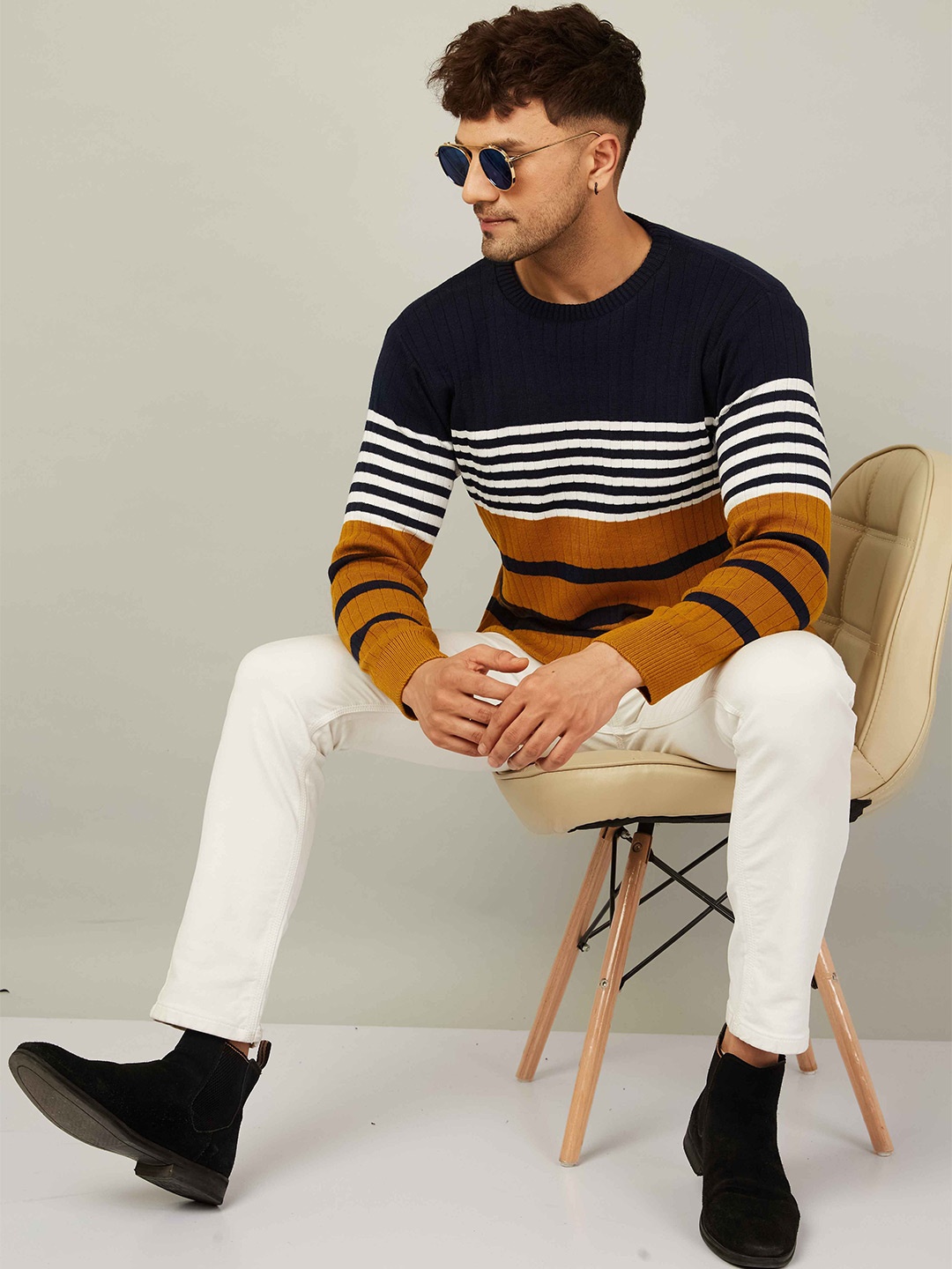 

Kveto style redefined Men Striped Pullover, Mustard