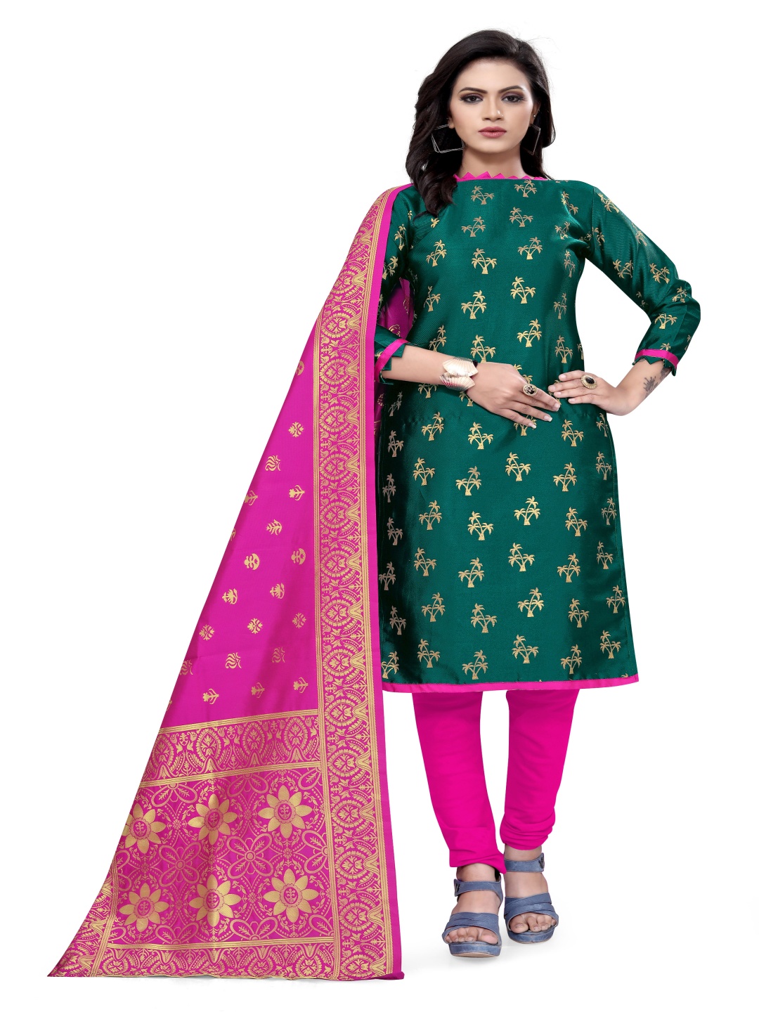 

HERE&NOW Floral Woven Design Banarasi Silk Unstitched Dress Material, Green