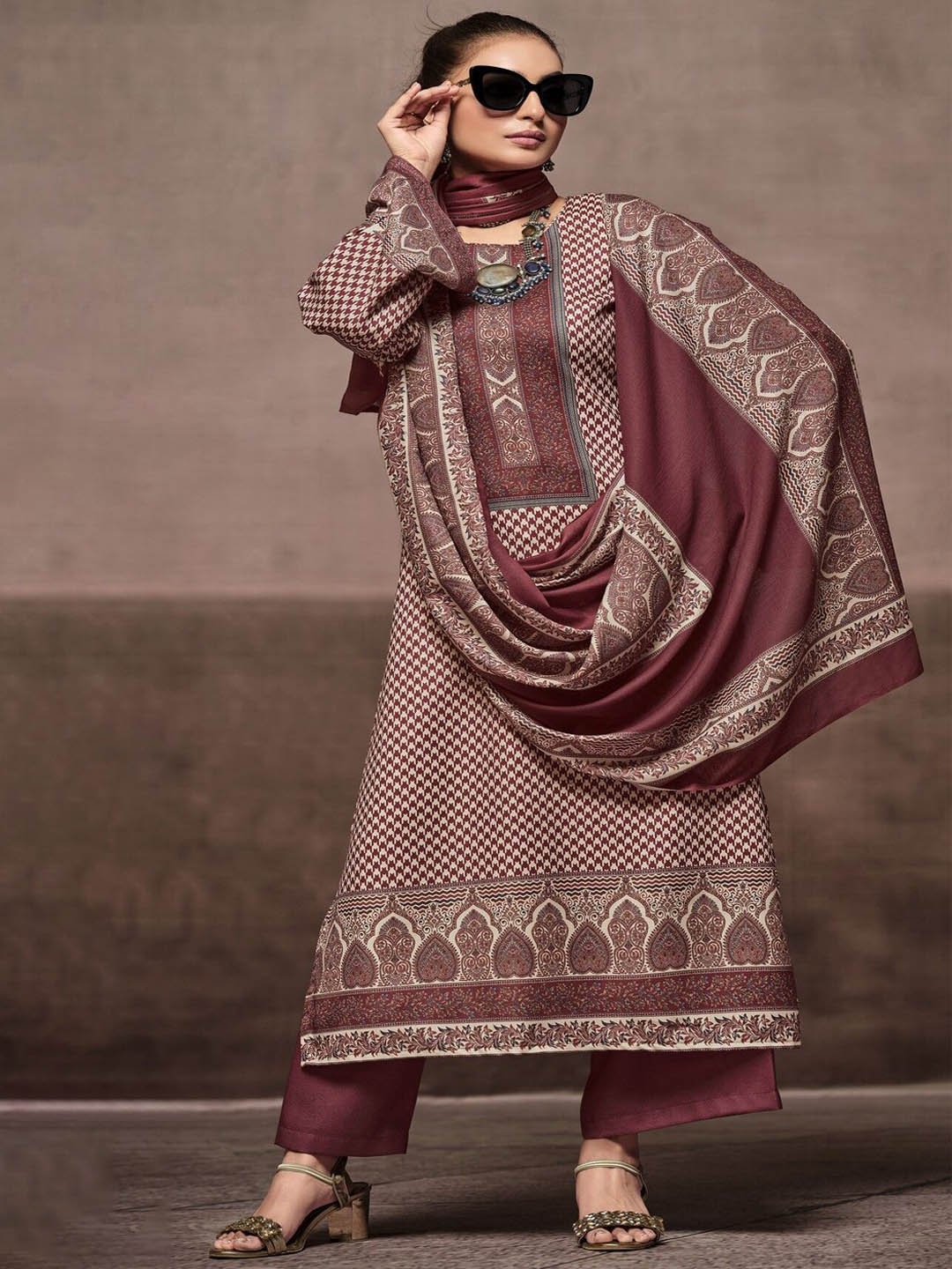 

DRAVINAM Trends Ethnic Motifs Printed Pashmina Unstitched Dress Material, Red