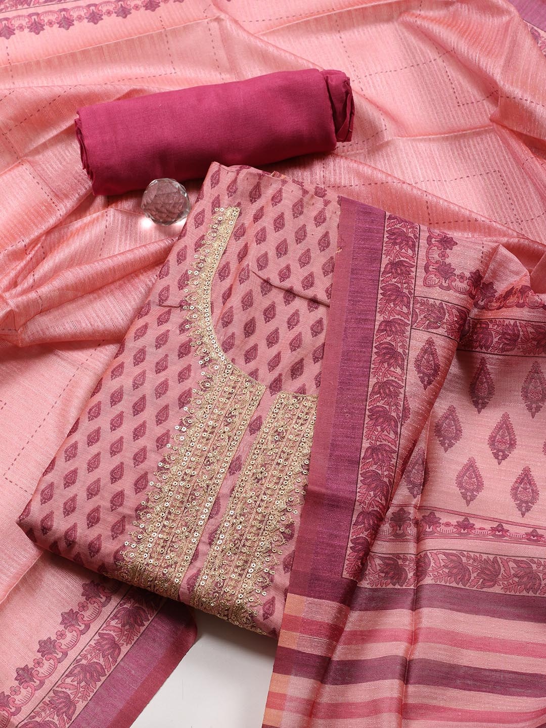 

Meena Bazaar Printed Art Silk Unstitched Dress Material, Pink