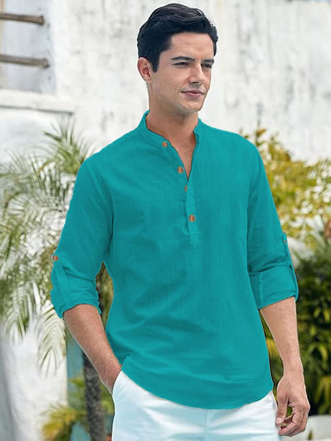 

Vida Loca Band Collar Cotton Straight Kurta, Turquoise blue