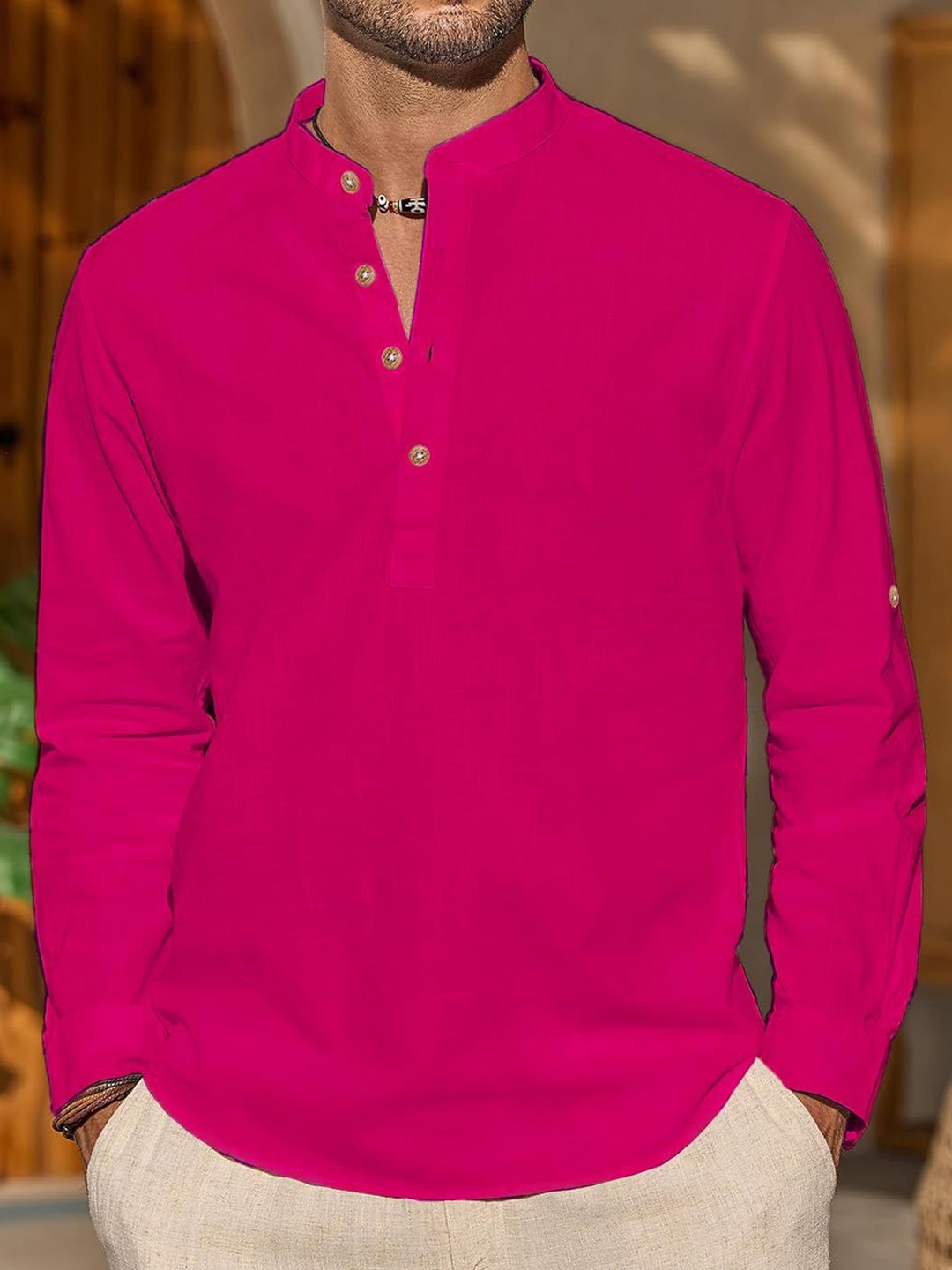 

Vida Loca Cotton Band Collar Slim Fit Short Kurta, Pink
