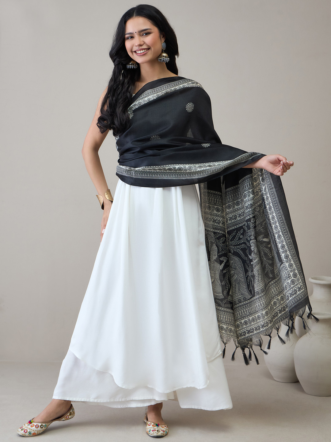 

InWeave Women Pleated Kurta with Trousers & With Dupatta, White