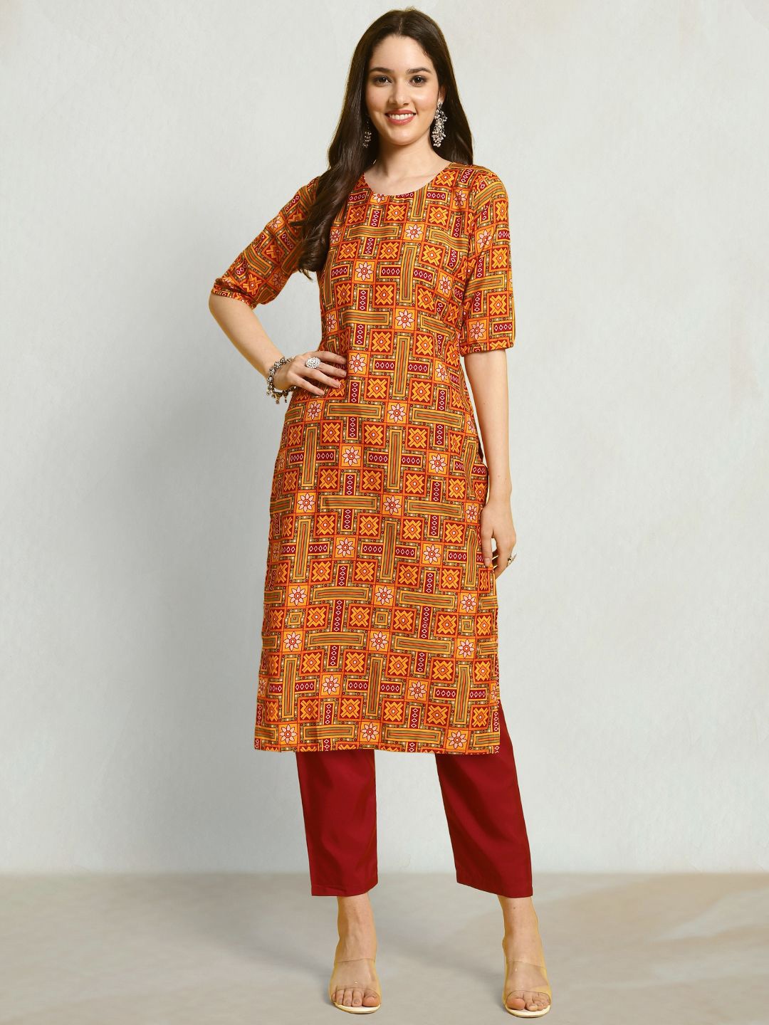 

Moda Rapido Ethnic Motifs Printed Round Neck Straight Kurta, Mustard