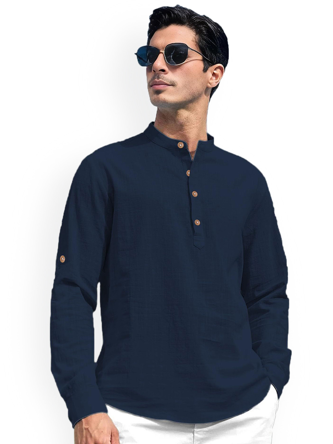 

Vida Loca Band Collar Cotton Straight Slim Fit Short Kurta, Navy blue