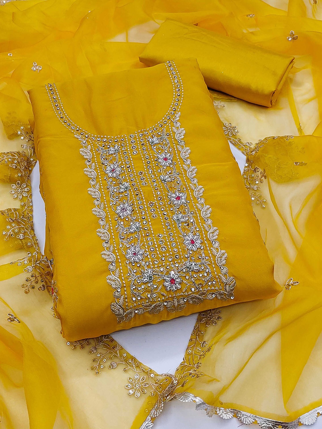 

KALINI Embroidered Organza Unstitched Dress Material, Yellow