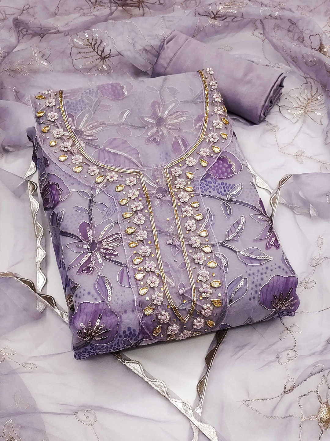 

KALINI Printed Organza Unstitched Dress Material, Lavender