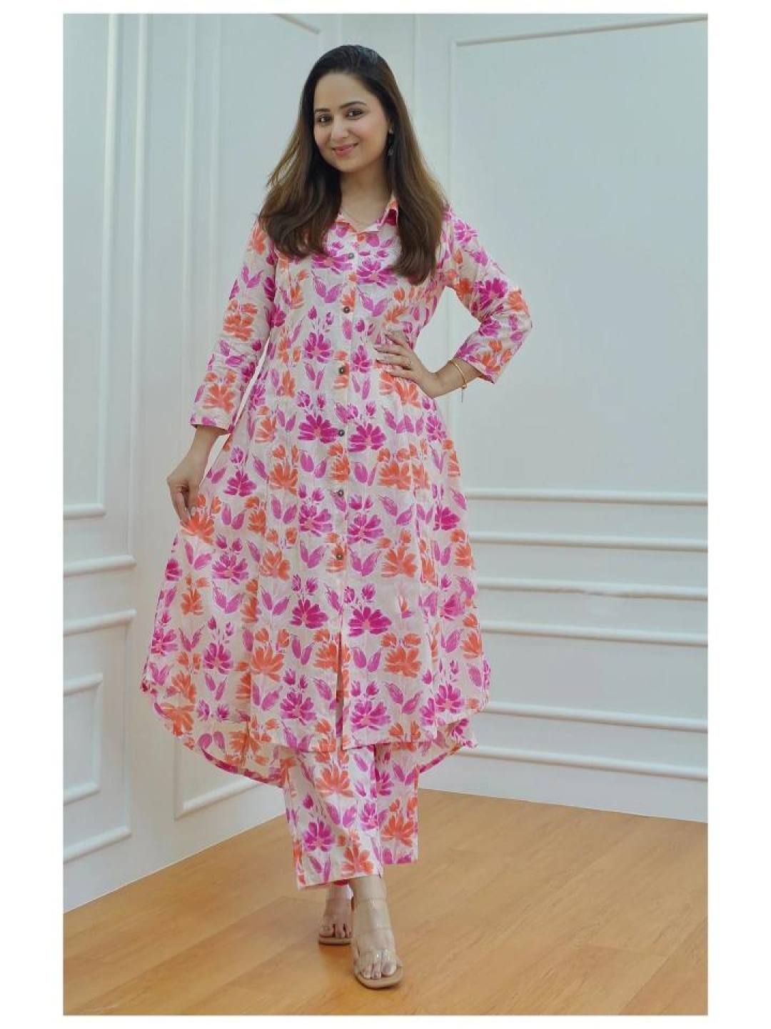 

Moda Rapido Floral Printed Shirt Collar A-Line Pure Cotton Kurta With Trouser, Pink