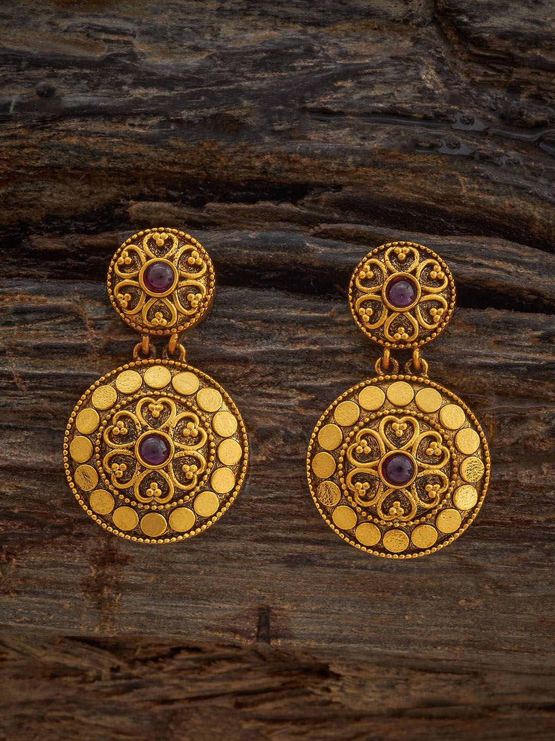 

Kushal's Fashion Jewellery Ruby Gold-Plated Spherical Antique Drop Earrings