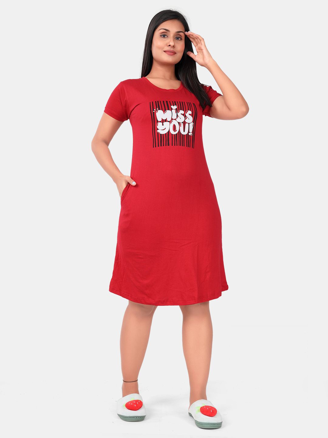 

SWEET MOON Typography Printed Round Neck T-Shirt Nightdress, Red
