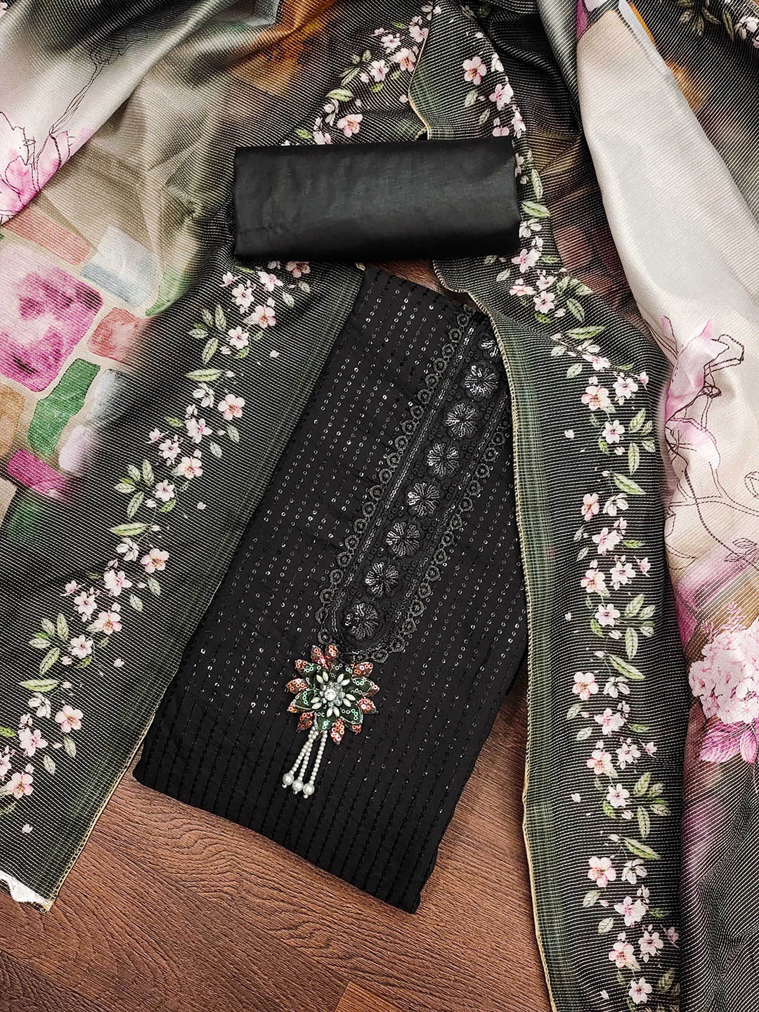 

KALINI Embroidered Pure Silk Unstitched Dress Material, Black