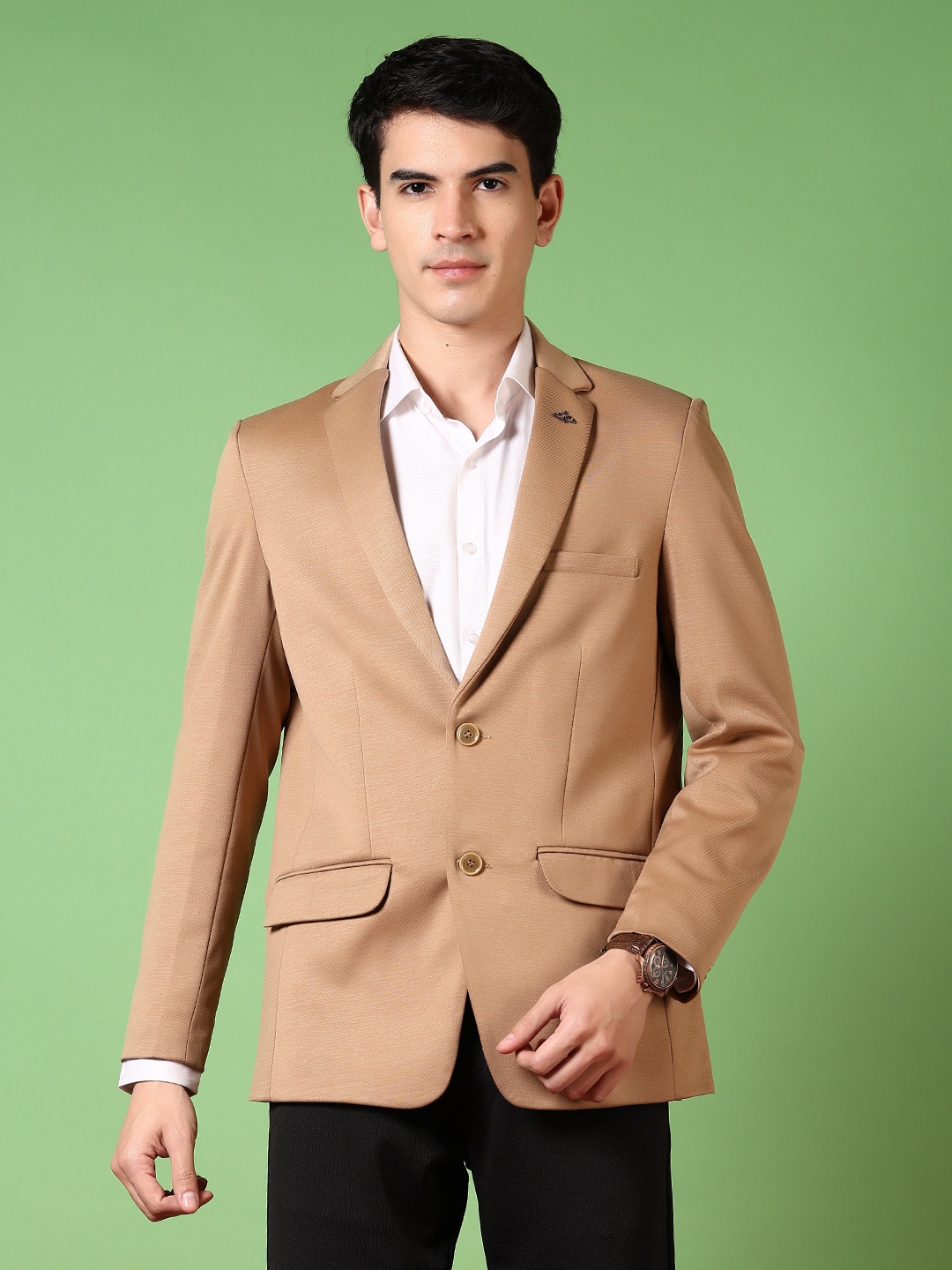 

V-Mart Cotton Notched Lapel Collar Single Breasted Formal Blazer, Beige