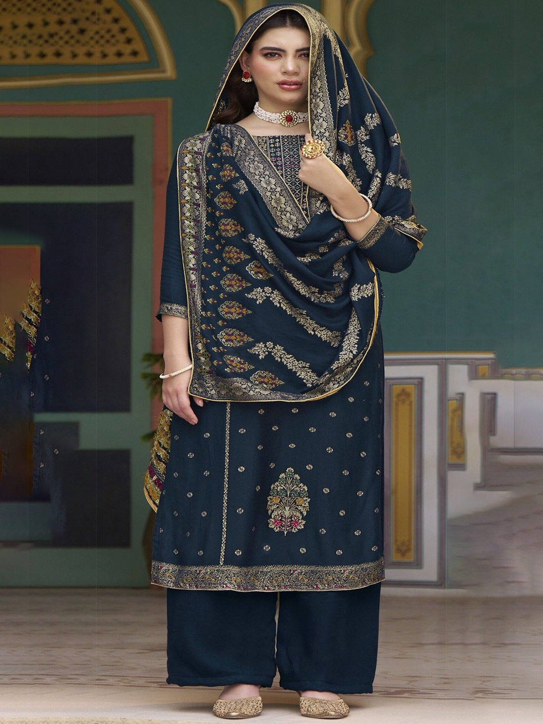 

DRAVINAM Trends Floral Printed Pashmina Unstitched Dress Material, Blue