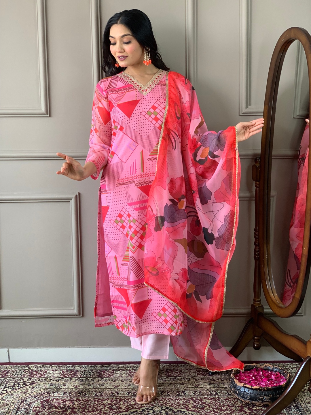 

Moda Rapido Women Embroidered Regular Thread Work Chanderi Silk Kurta with Trousers & With Dupatta, Pink