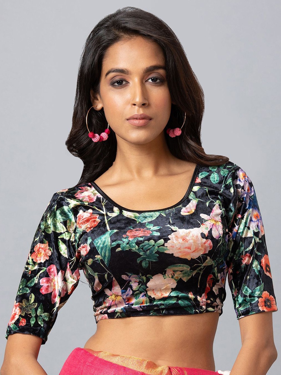 

Mmore Printed Velvet Saree Blouse, Black