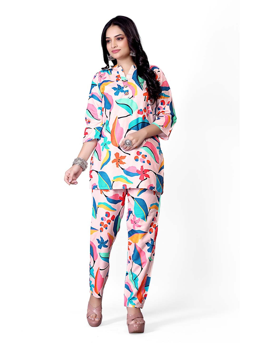 

SPECKLESS Floral Printed Mandarin Collar Tunic With Trouser, Pink