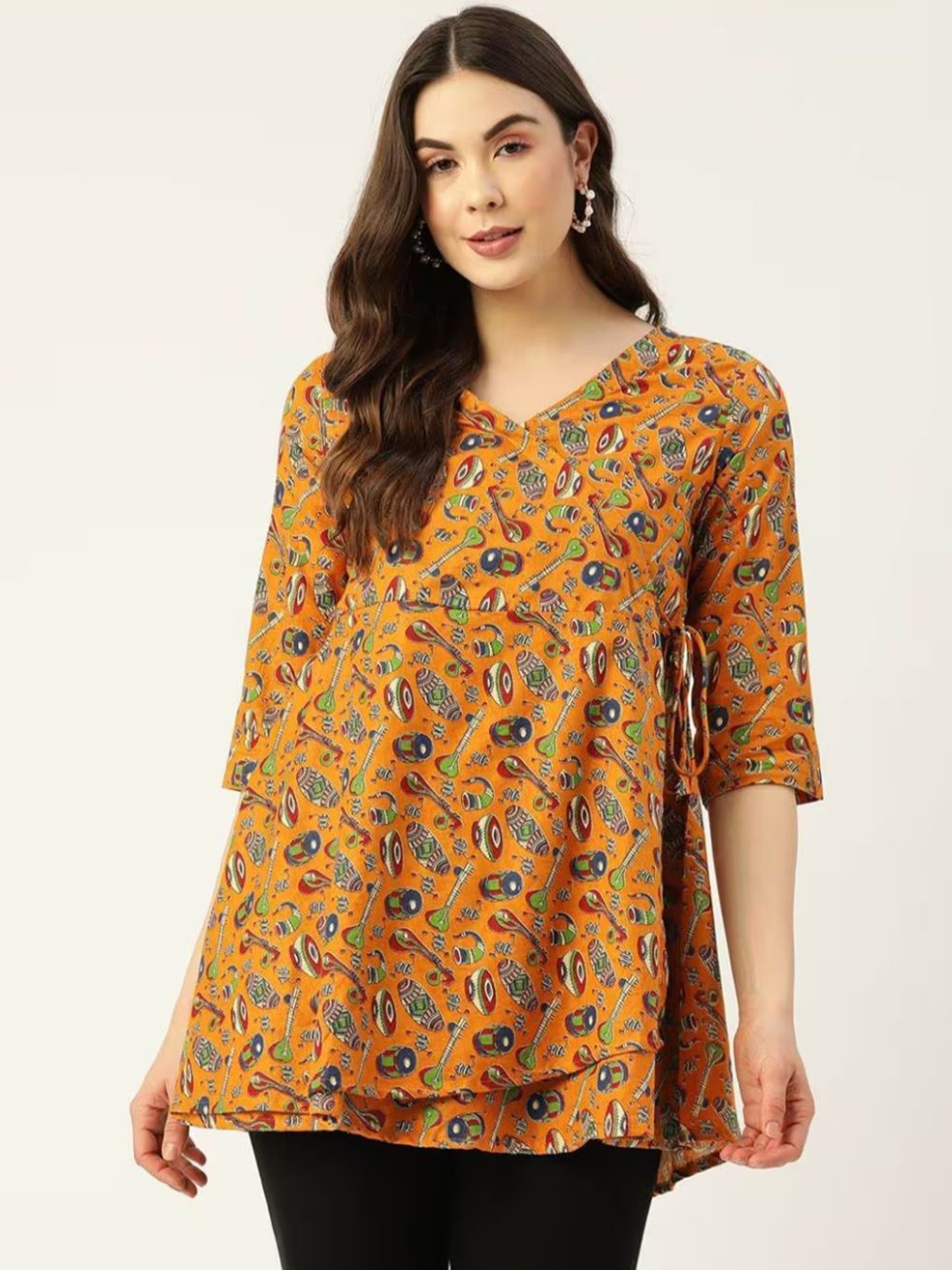 

Rangun Floral Print V Neck Regular Sleeves Top, Mustard