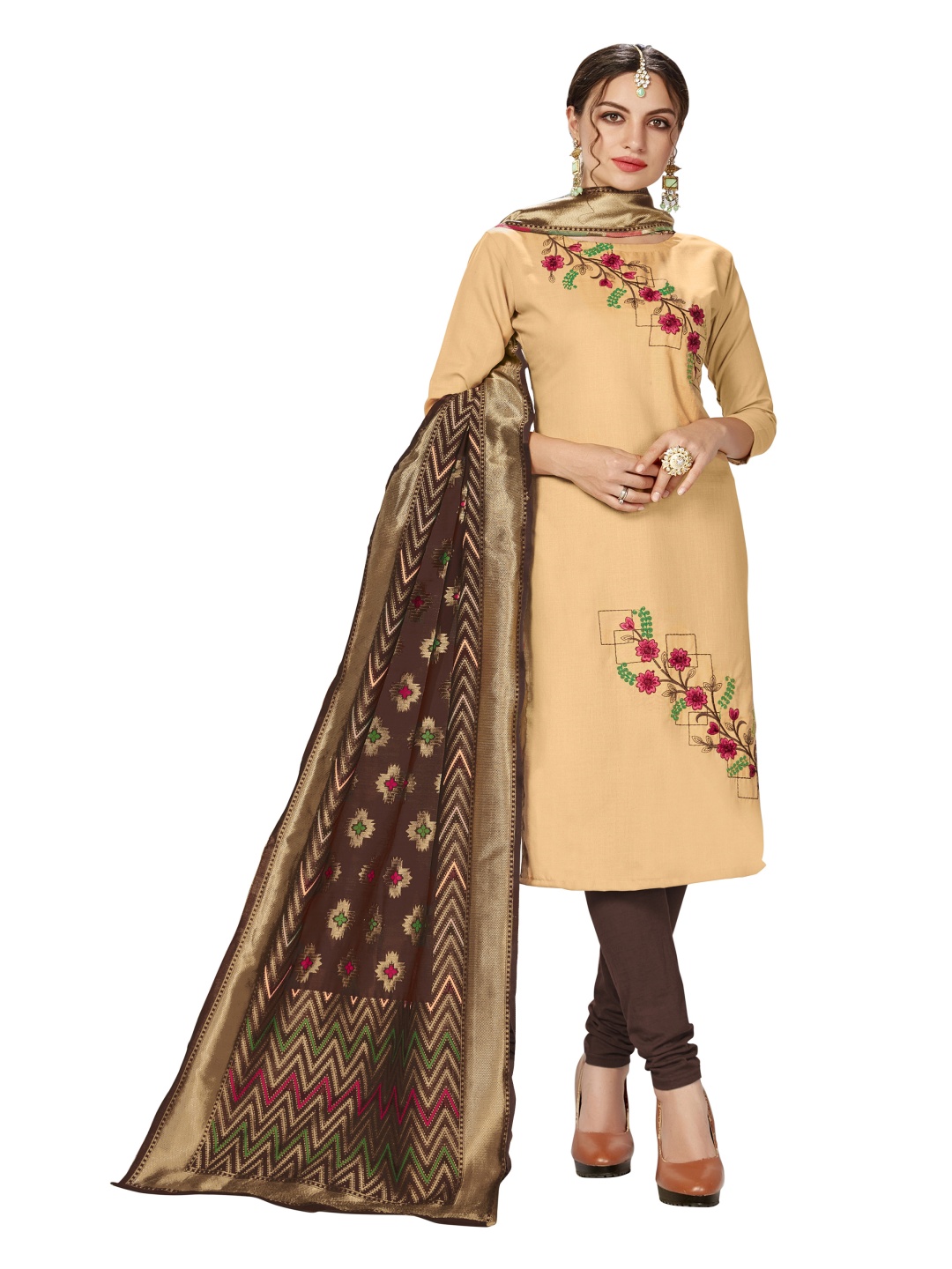 

HERE&NOW Floral Embroidered Unstitched Dress Material, Beige