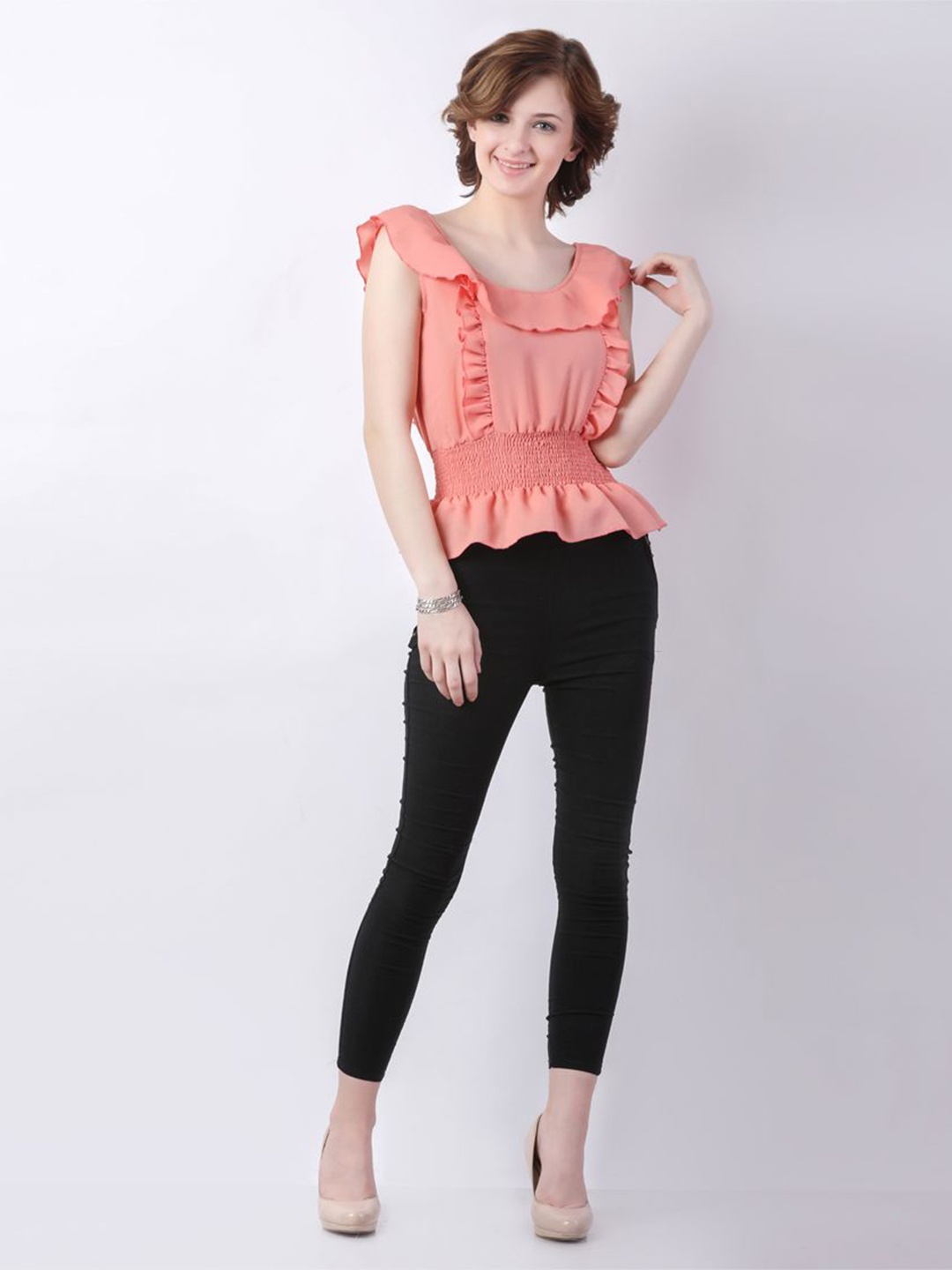 

DELIS Monochrome Georgette Cinched Waist Crop Top, Peach