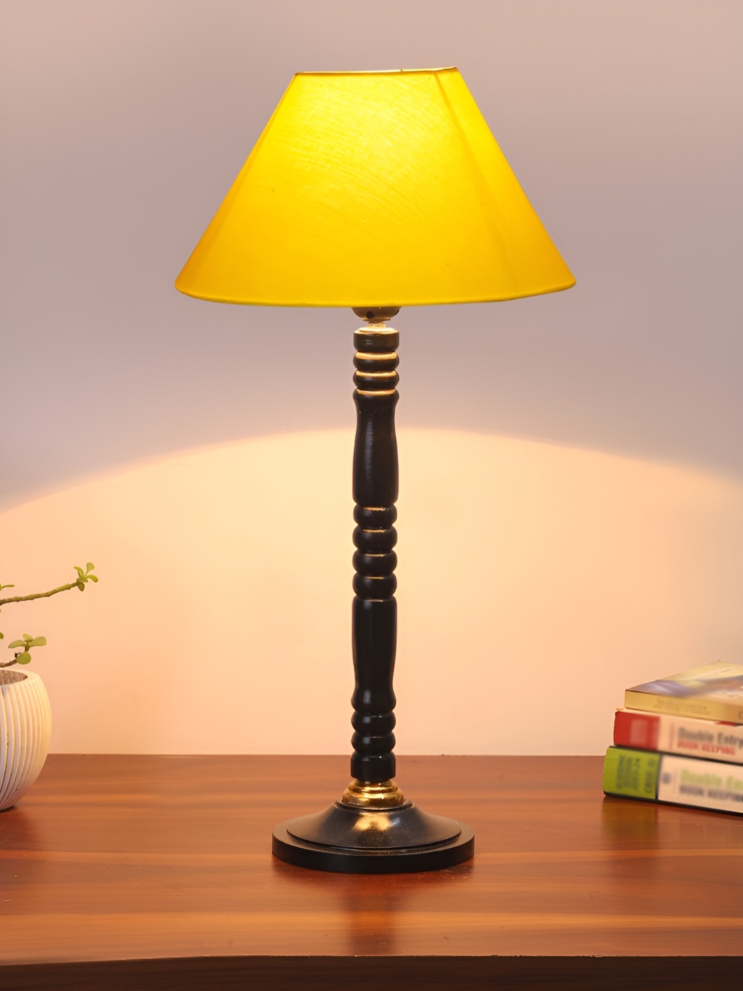 

Devansh Yellow & Black Wooden Contemporary Frustum Shaped Table Lamp