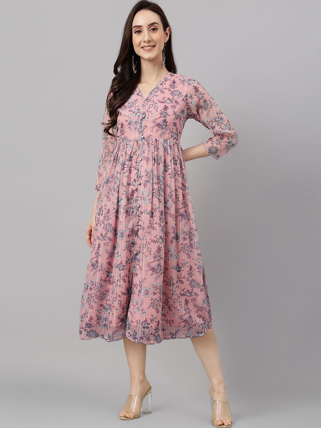 

Janasya Women's Pink Chiffon Lurex Floral Printed Flared Dress