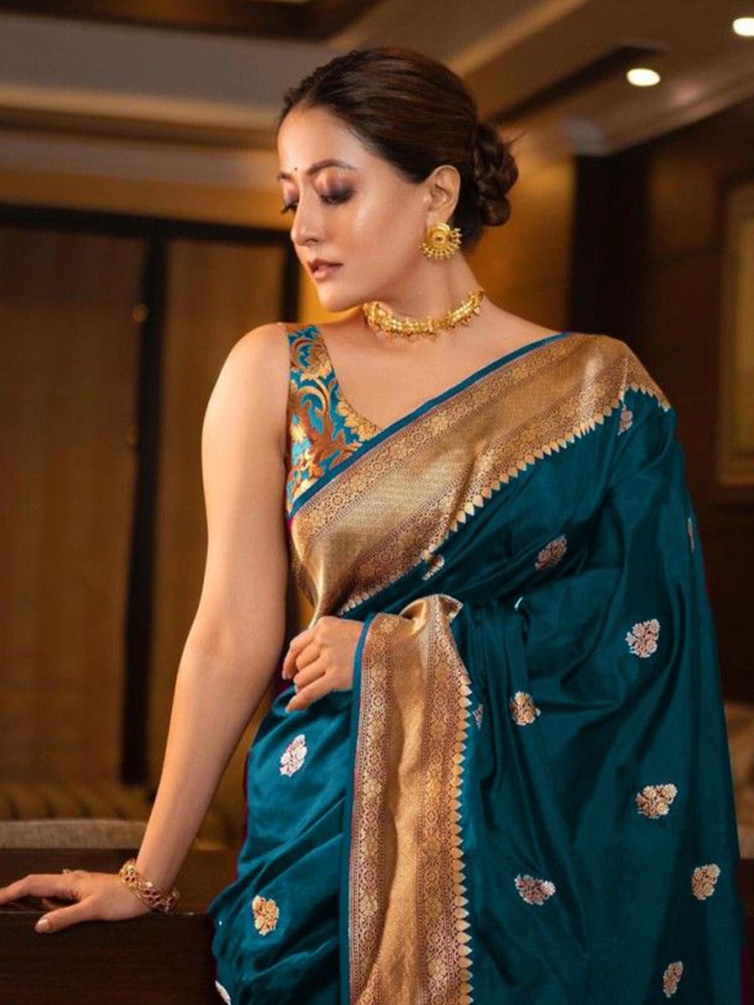 

LADY SHOPI Woven Design Zari Silk Blend Banarasi Saree, Teal