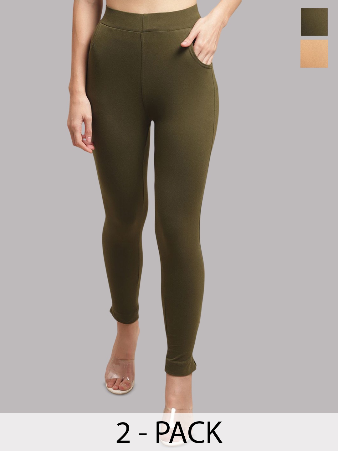 

Valles365 by S.C. Women Plus Size Pack Of 2 Cotton Ankle-Length Leggings, Beige