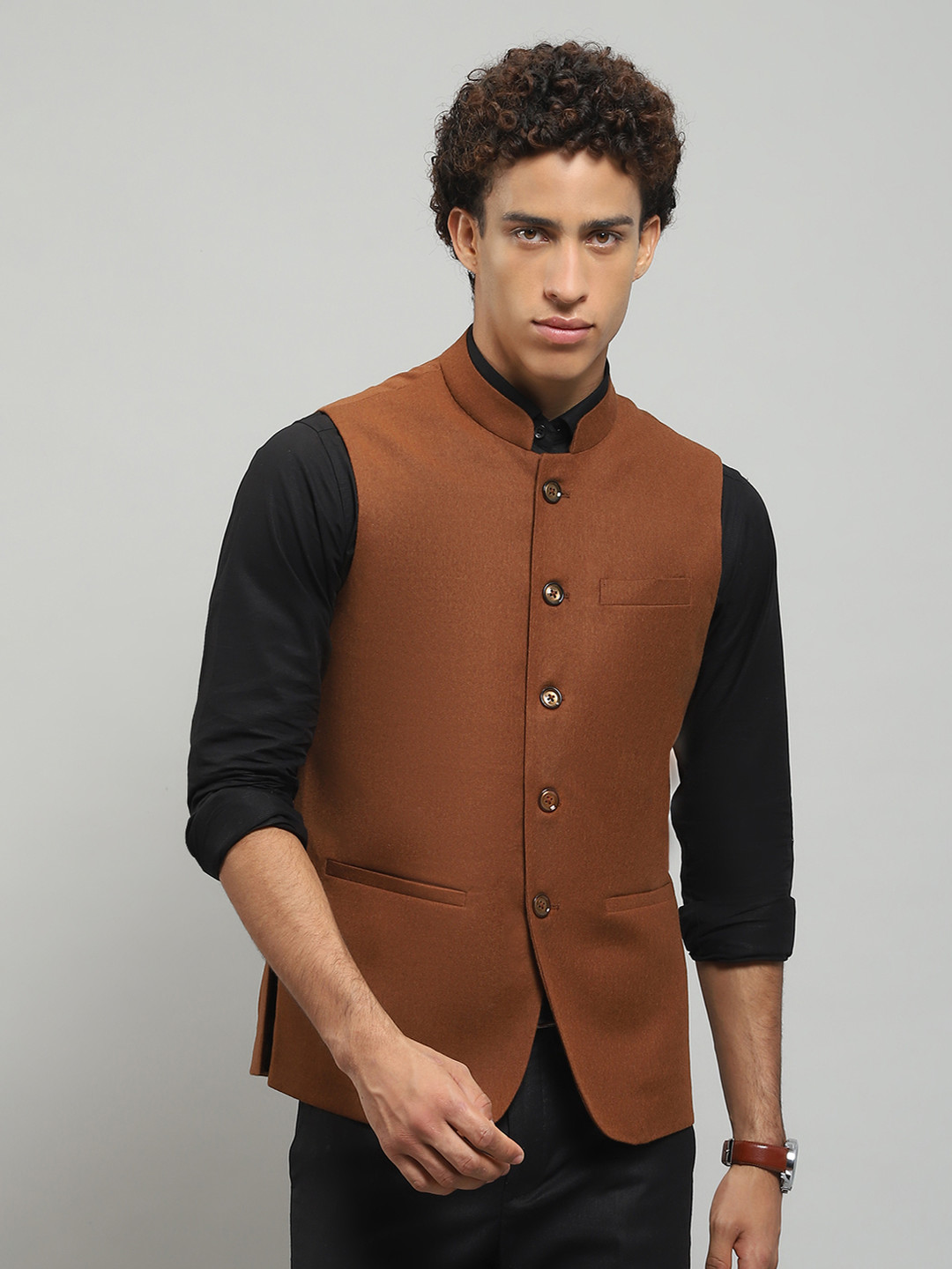 

Monte Carlo Men Woollen Lightweight Outdoor Open Front Jacket with Embroidered, Rust