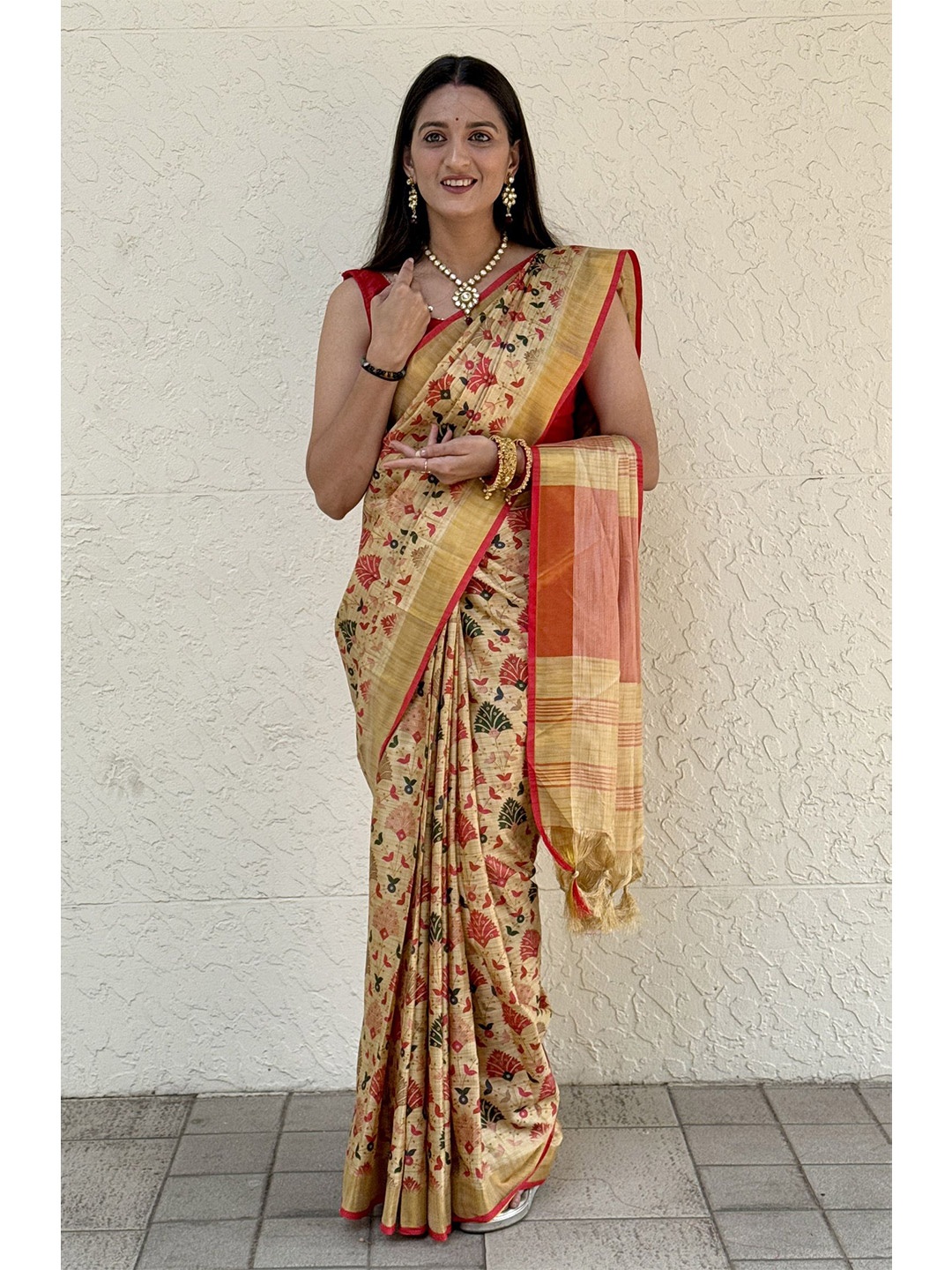 

Aika Floral Silk Cotton Chanderi Saree, Cream