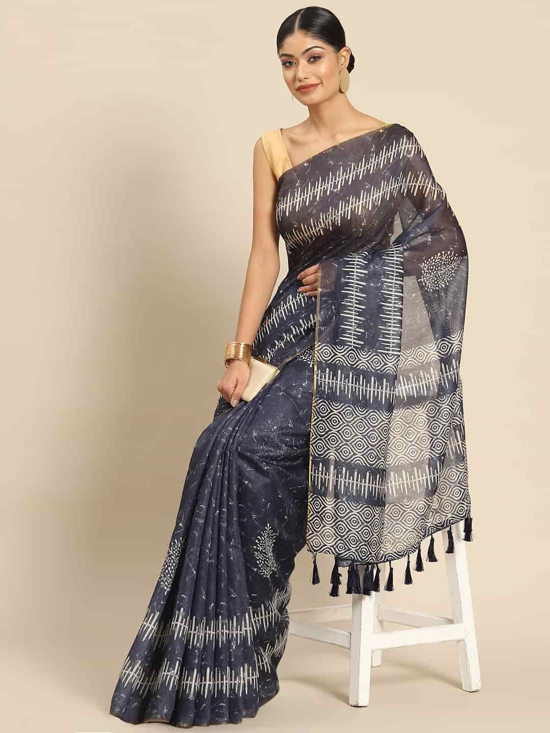 

DIVASTRI Digital Printed Kalamkari Chanderi Cotton Saree with Tassels, Navy blue