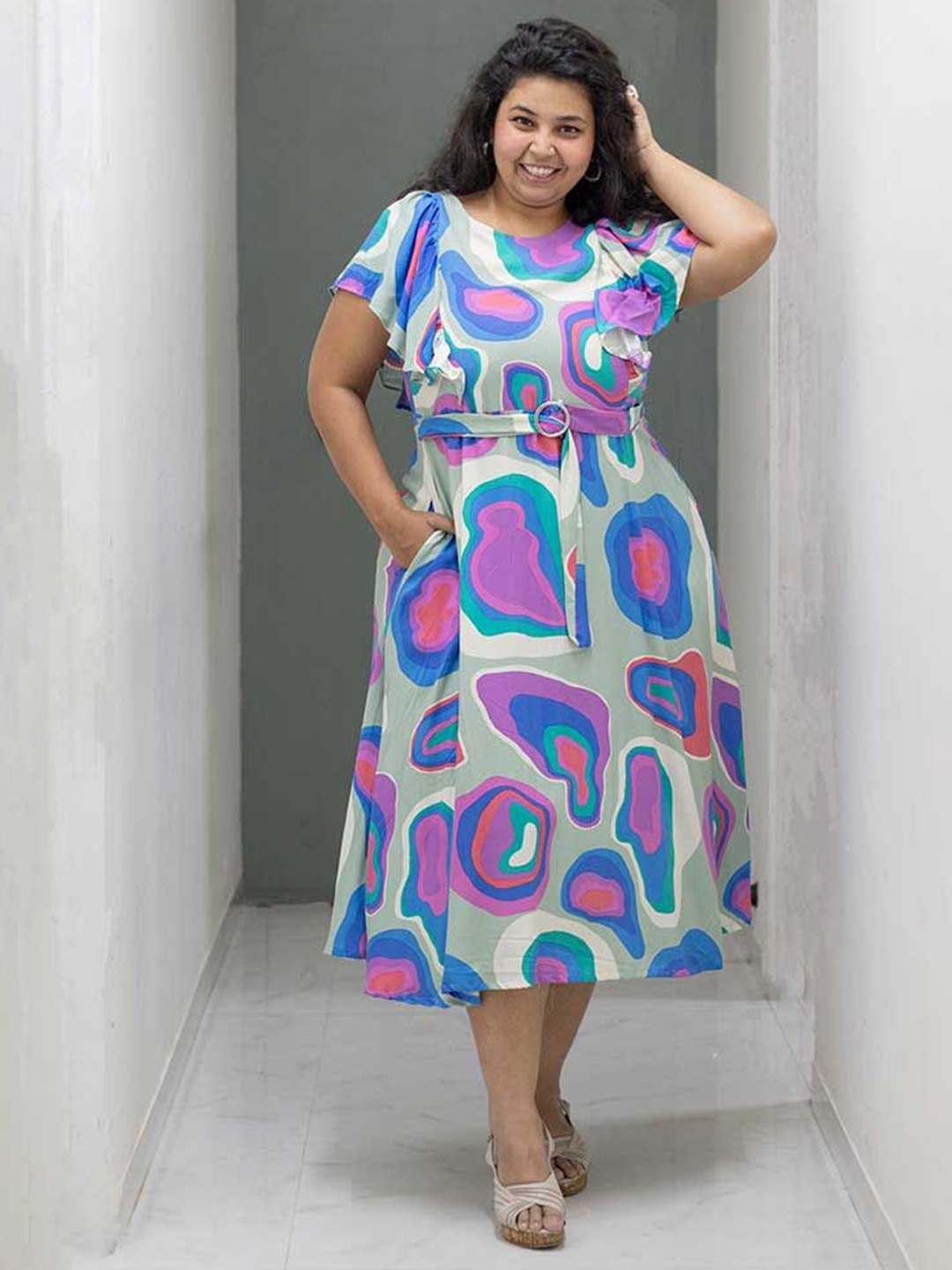 

Kmistry Women Plus Size Printed A-Line Midi Dress with Belt, Blue