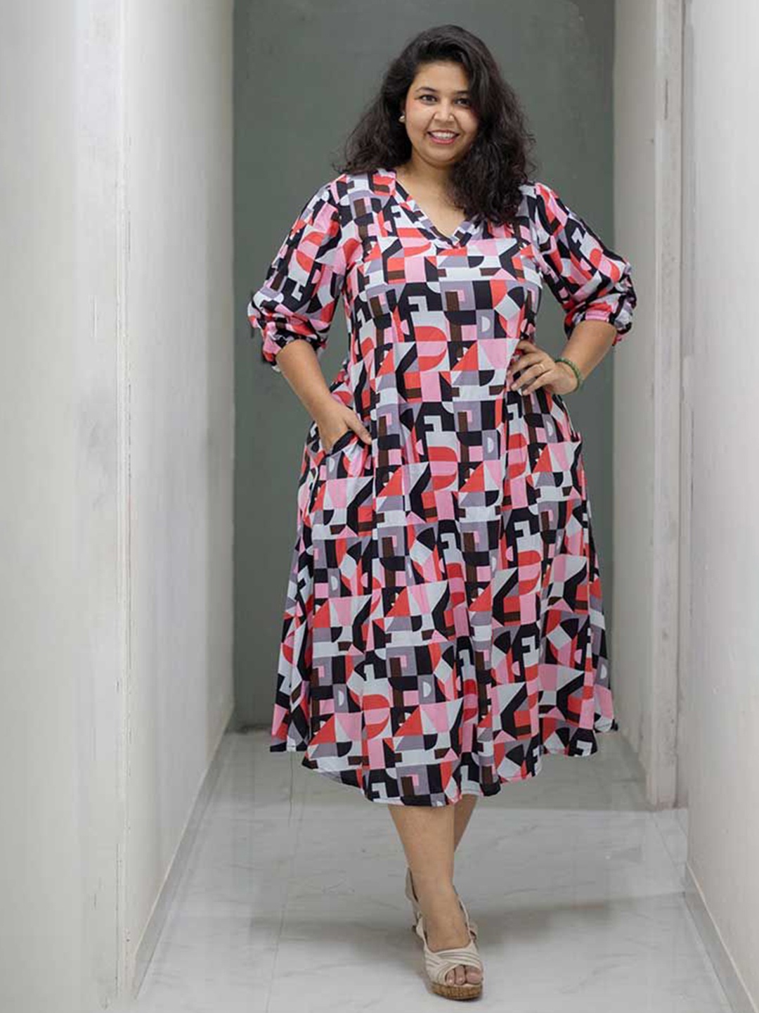 

Kmistry Women Print Fit & Flare Midi Dress, Black