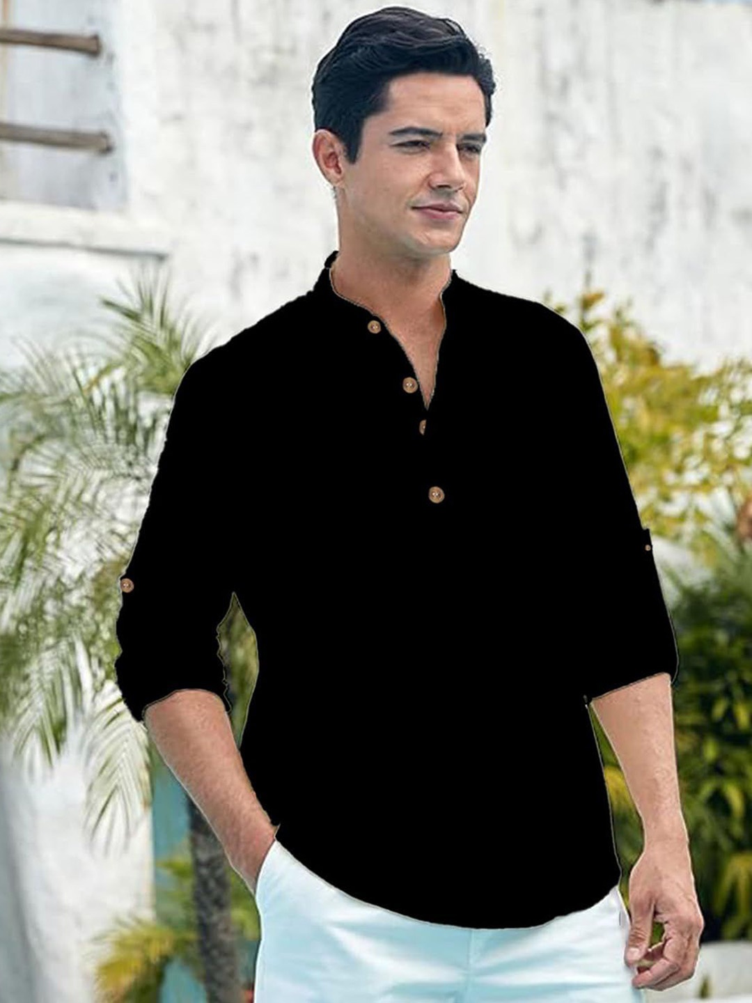 

Vida Loca Band Collar Cotton Straight Slim Fit Short Kurta, Black