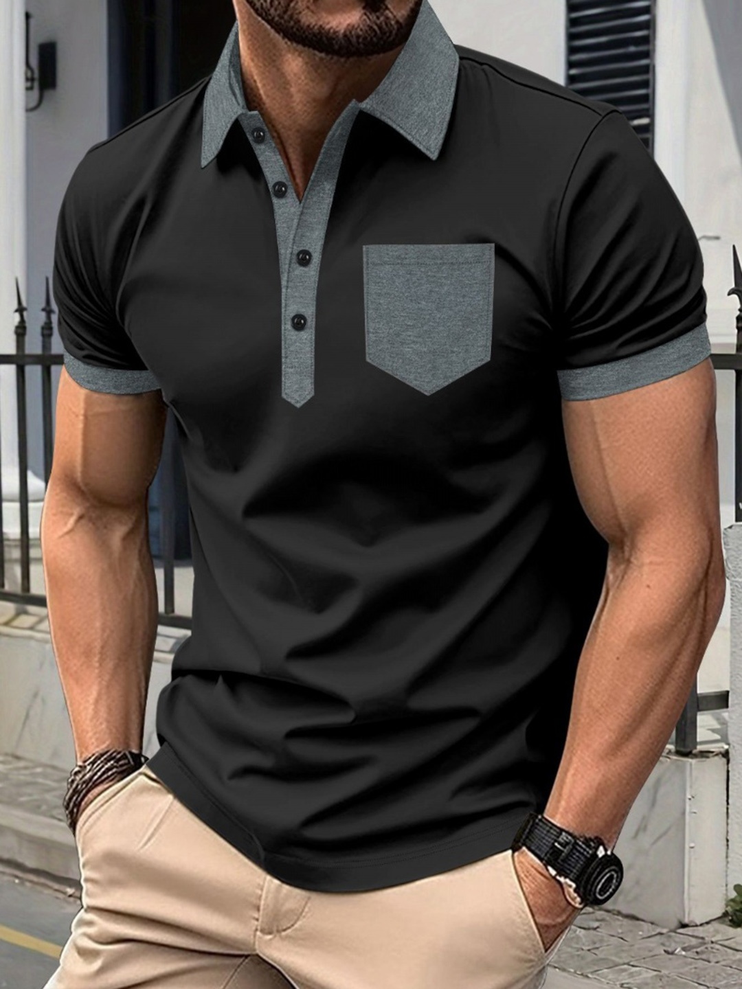 

StyleCast x Revolte Men Polo Collar Raw Edge T-shirt, Black