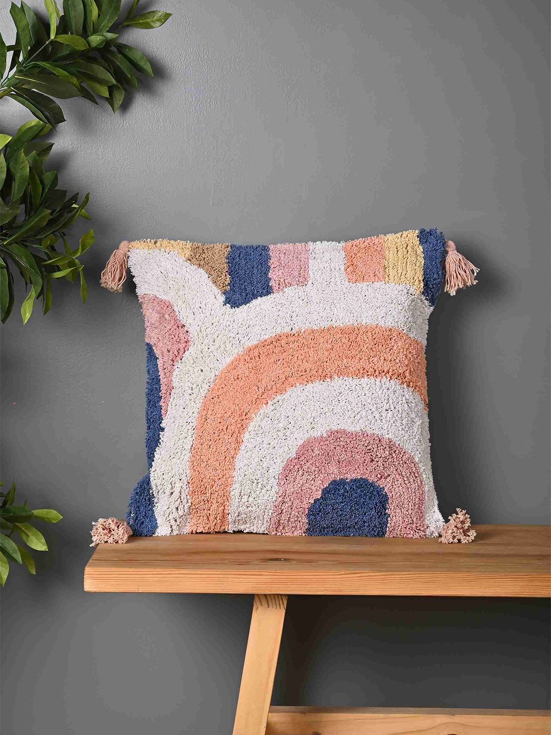 

SANSKRUTIHOMES White & Peach-Coloured Embroidered Cotton Square Cushion Cover