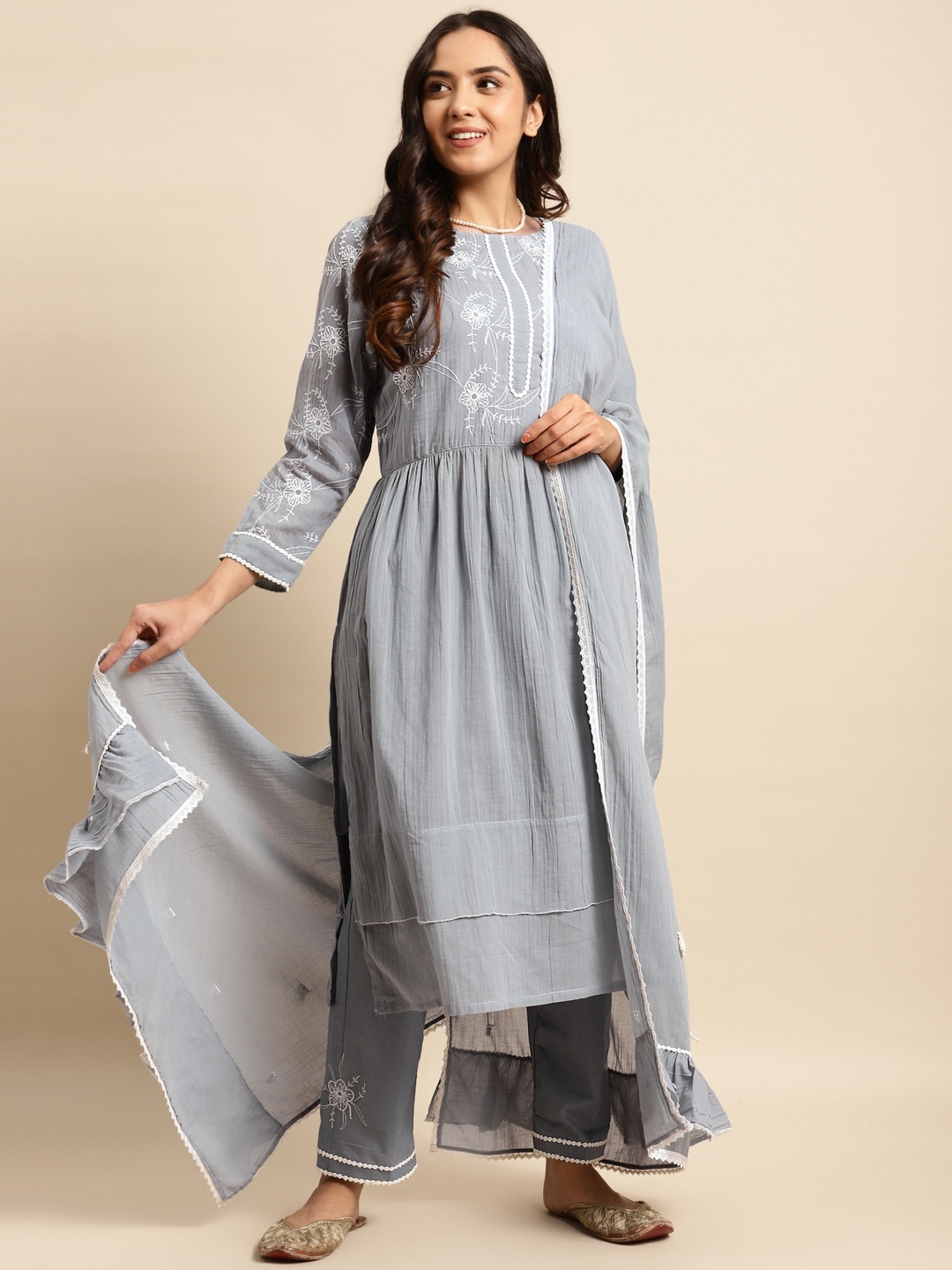 

zuri Women Embroidered Regular Thread Work Pure Cotton Kurta with Trousers & With Dupatta, Grey