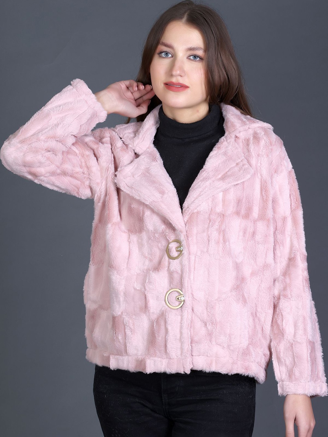 

GODFREY Women Self-Design Winter Pea Coat, Pink