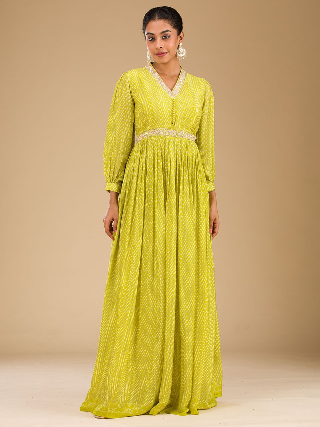 

Koskii Parrot Green Geometric Printed Sequinned Semi Crepe Readymade Salwar Suit