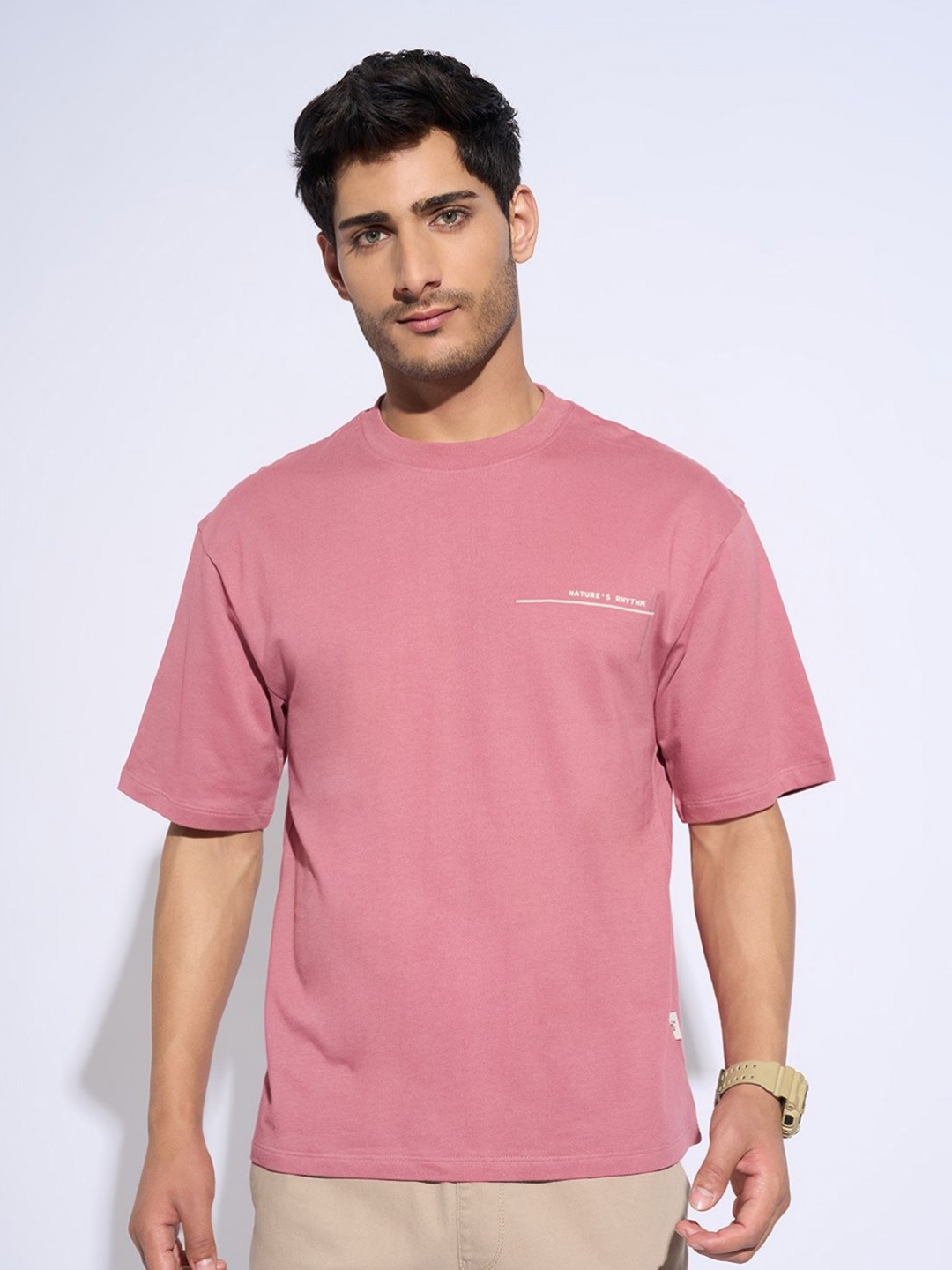 

7 Alt by Pantaloons Men Graphic Printed Round Neck Cotton Oversized T-shirt, Pink