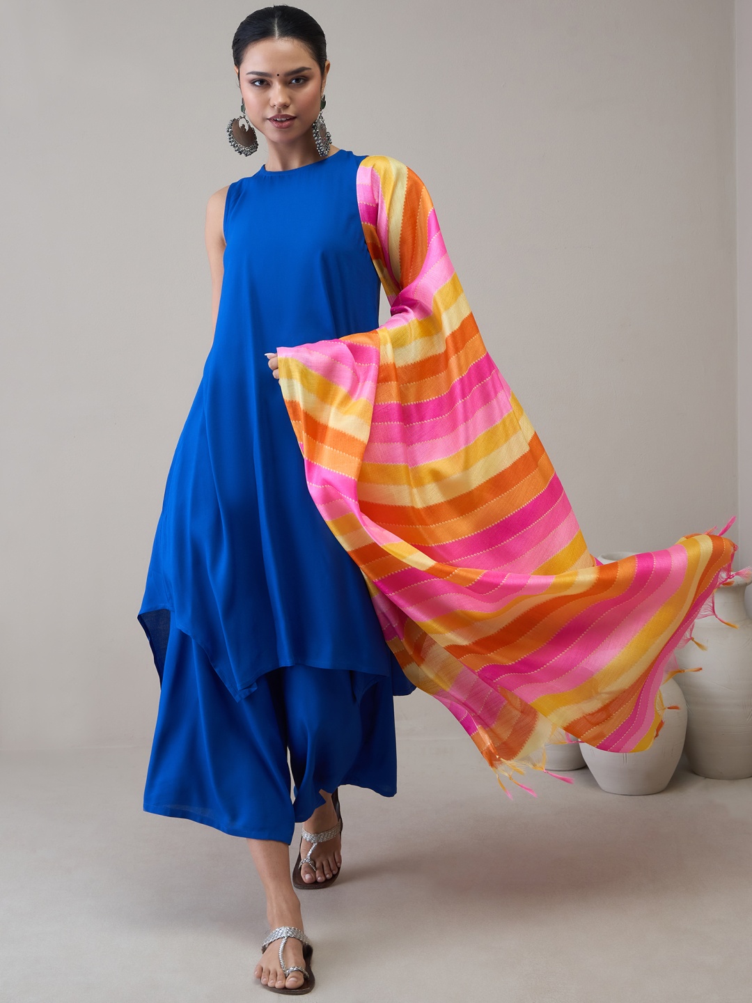

InWeave Women Panelled Kurta with Palazzos & With Dupatta, Blue