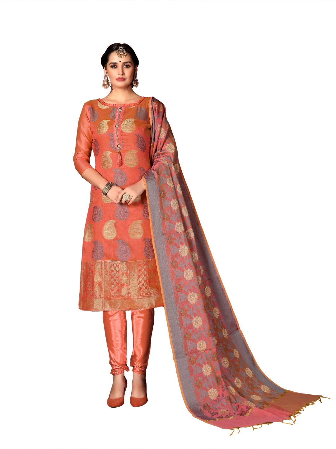

HERE&NOW Paisley Woven Design Unstitched Dress Material, Orange
